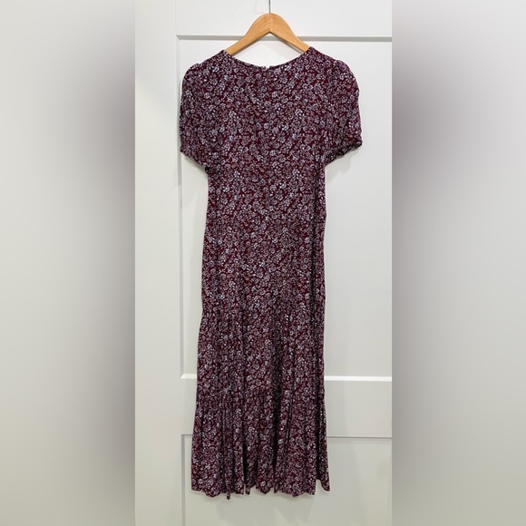 J. Crew Burgundy Floral Tiered Midi Dress Puff Sleeves Pockets Size Small - Picture 3 of 11